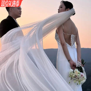 新娘头纱主婚纱长款 拖尾简约素纱高级感仙气风写真旅拍照造型头饰