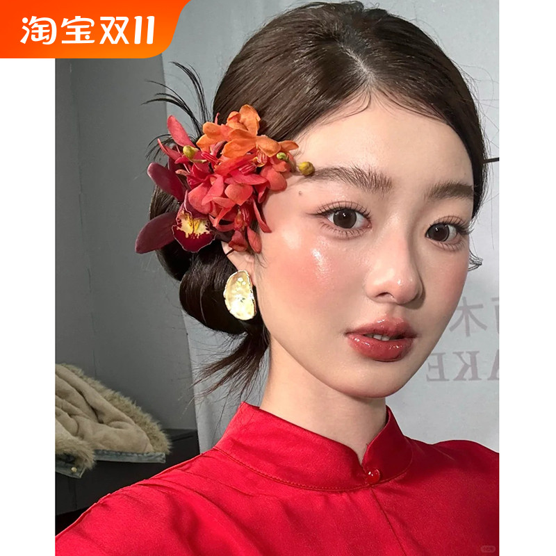 康康造型新娘耳环法式珐琅小众设计结婚礼服旗袍晨袍敬酒服耳饰品