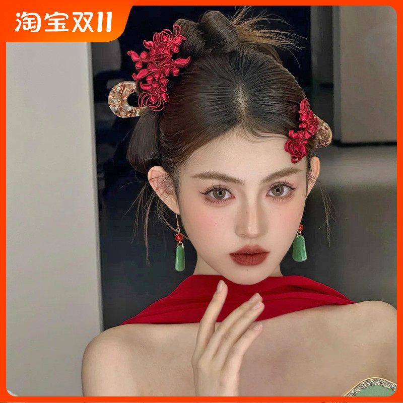 康康造型新中式新娘头饰红色盘扣发簪结婚礼服旗袍晨袍敬酒服发饰