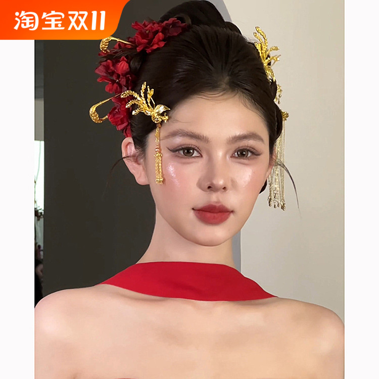 新中式新娘头饰金色凤凰发簪结婚礼服旗袍晨袍秀禾服龙凤褂发饰品