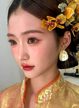 新娘头饰新中式金黄色头花结婚礼服旗袍晨跑秀禾龙凤褂汉服发饰品