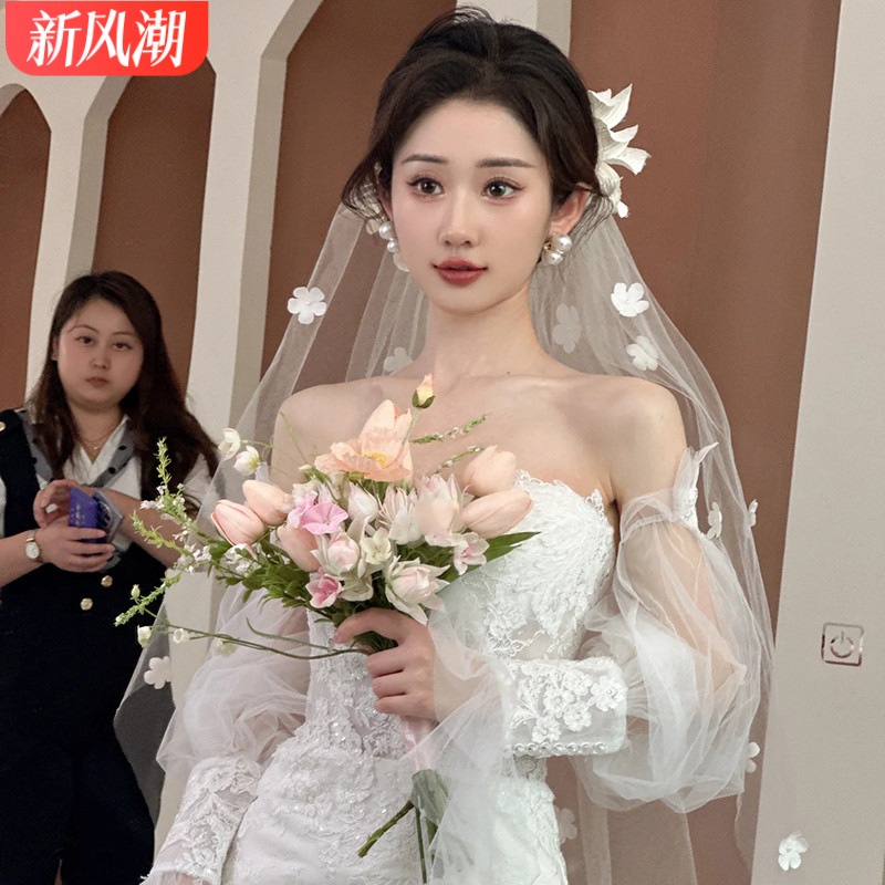 法式头纱新娘主婚纱森系花朵仙美旅拍照跟妆造型结婚领证求婚头饰
