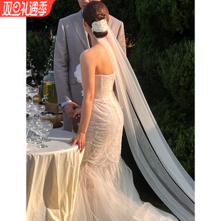 新娘头纱主婚纱长款 拖尾简约素纱高级感仙气风写真旅拍照造型头饰