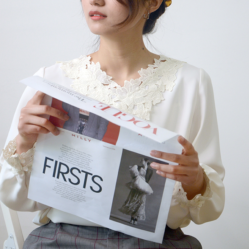 JustAs 103 垂感衬衫 长袖v领套头 蕾丝纯色通勤质感雪纺上衣