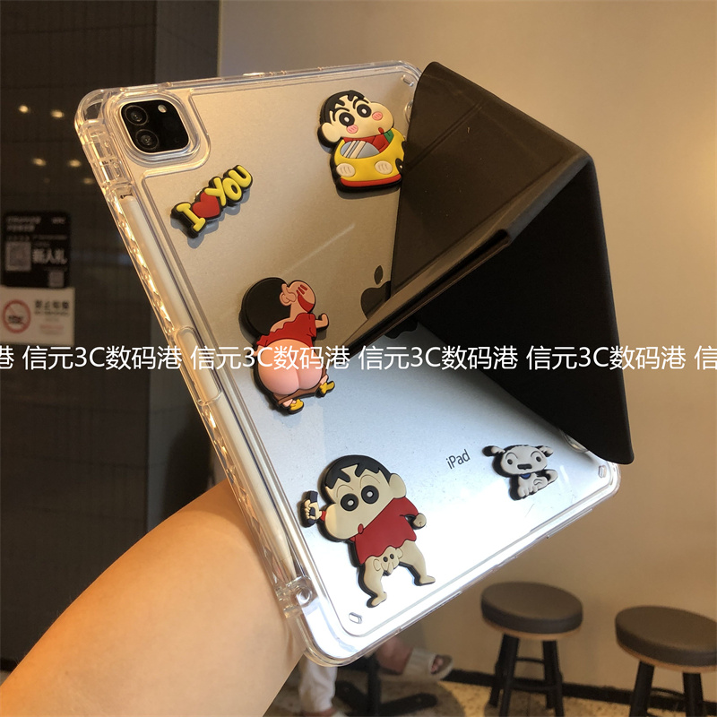 蜡笔小新3+Y型折叠横竖支架适用苹果iPad11代保护套第10代亚克力Air567可爱吸屏10.2寸9.7防弯Pro11平板壳A16