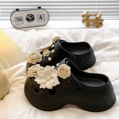 珍珠花束~洞洞鞋女夏时尚外穿新款防滑厚底高级感增高包头凉拖鞋