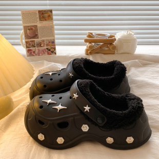 女外穿防滑厚底增高加绒保暖可拆卸包头棉拖鞋 Y2k铆钉 秋冬洞洞鞋