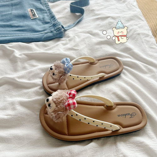 人字拖女夏外穿新款防滑百搭软底沙滩平底小熊可爱室内夹脚凉拖鞋