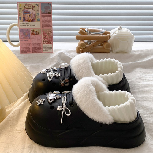 甜心小猫~加绒洞洞鞋女2025新款秋冬增高保暖防滑外穿包跟棉鞋女