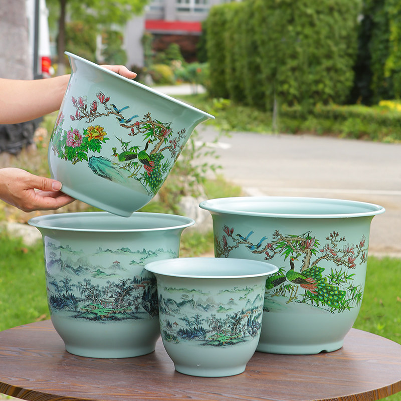 加厚树脂花盆仿陶瓷家阳台客厅绿植月季果树盆栽特大号包邮送托盘
