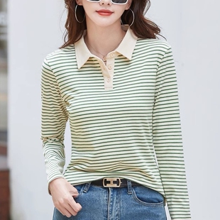 纯棉打底衫女秋冬修身上衣有领加厚保暖内搭条纹t恤女长袖PO衫