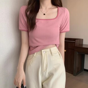 辣妹粉红色u领正肩短袖t恤女夏季棉质修身显瘦高腰短款大领口上衣