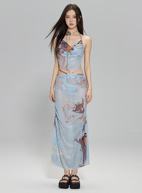 新款时尚性感蓝色比基尼三件套分体裙式遮肚温泉度假泳衣8412