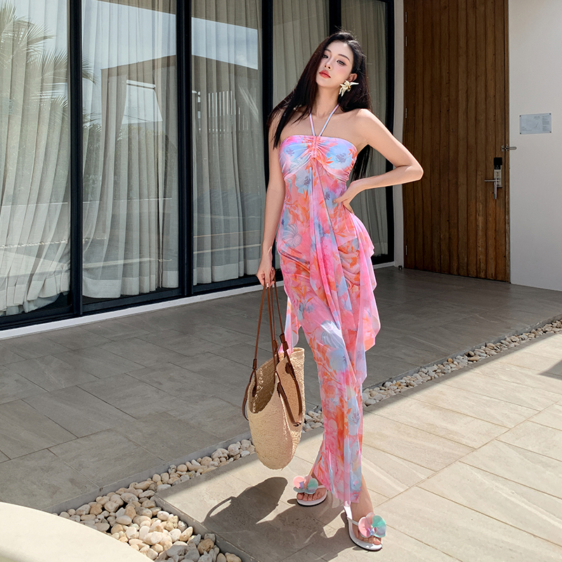 新款花色挂脖泳衣三件套不规则飘带显瘦温泉海边度假泳装95208