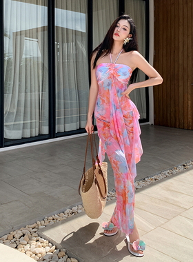 新款花色挂脖泳衣三件套不规则飘带显瘦温泉海边度假泳装95208