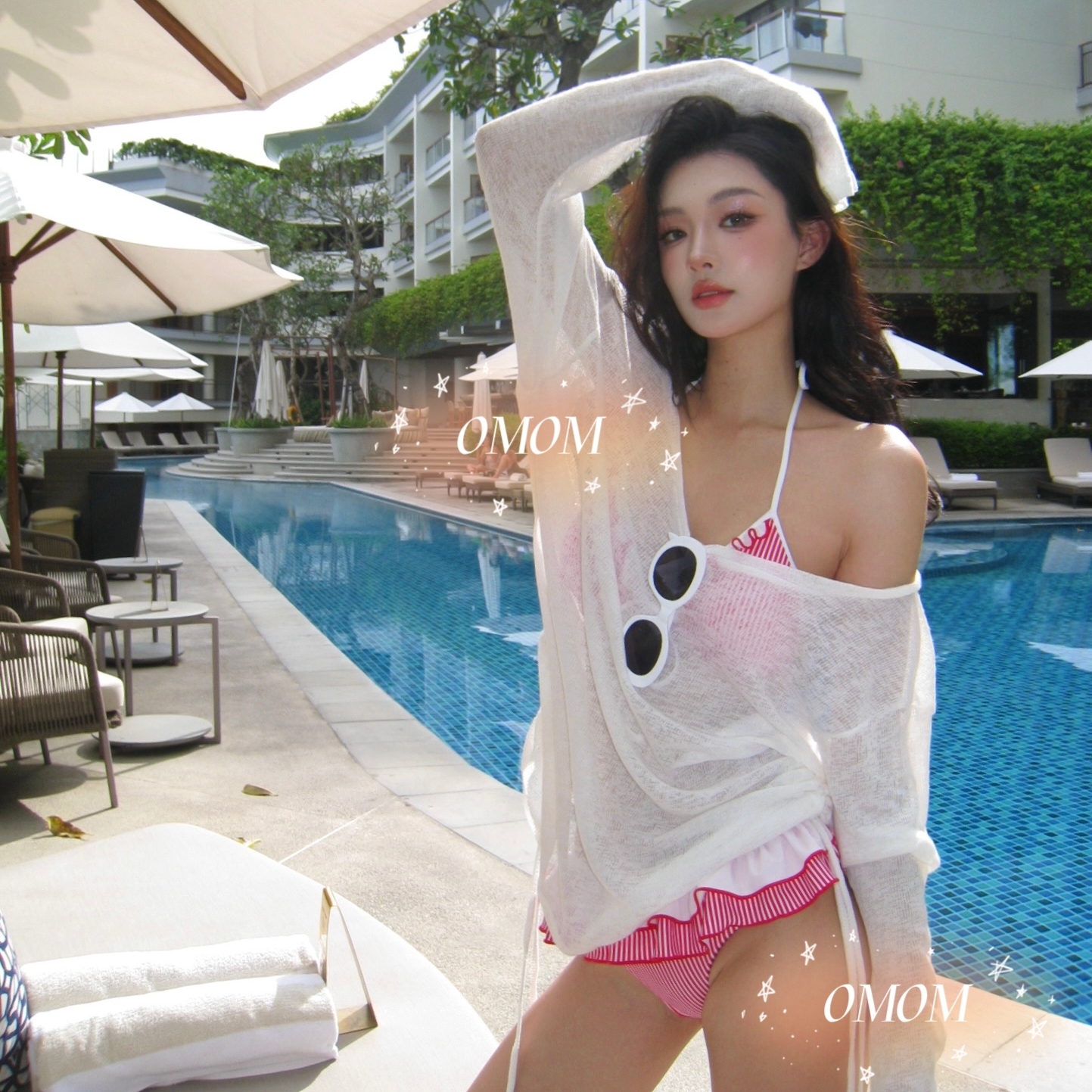 纯欲红色条纹bikini三件套松弛氛围感海岛度假出片泳衣5054