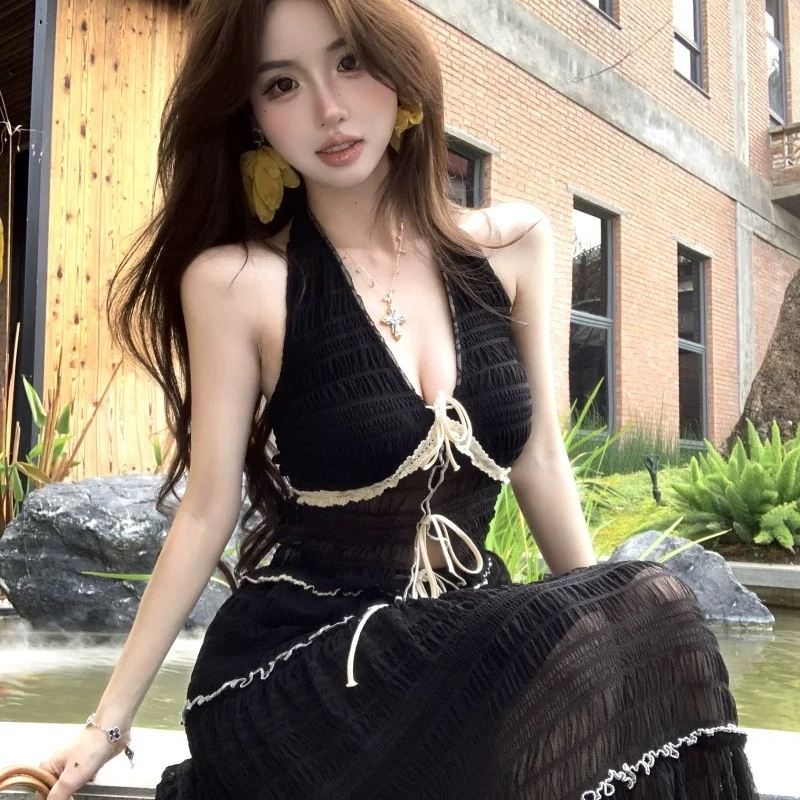 旅游度假穿搭氛围感微透挂脖式分体泳衣海边沙滩度假长裙2535