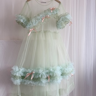 薄雾少女叠穿罩裙透视连衣裙中长款日系蝴蝶结木耳边韩版百搭纱裙