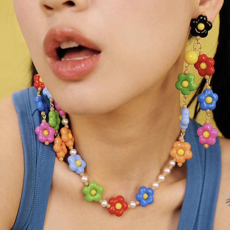 BOMBCACA玩具屋系列 花样少女 原创彩色多巴胺小花长款耳环项链