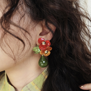 BOMBCACA春日游系列 海棠醉 原创珠光三瓣花水滴形复古中式耳环女