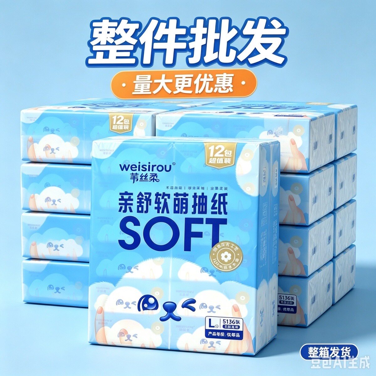 【整件批发】苇丝柔亲舒软萌抽纸可湿水纸巾加厚L码家用餐饮纸巾