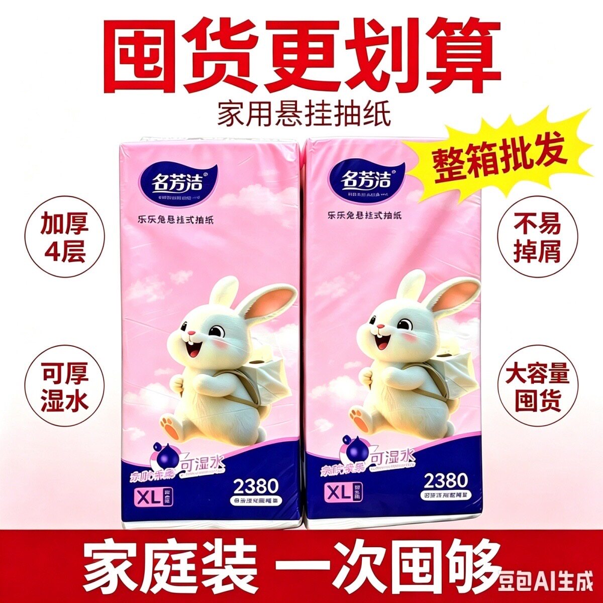整箱批发名芳洁乐乐兔悬挂式抽纸亲肤柔软可湿水纸巾厚实家用餐饮