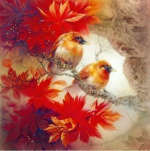 印布包邮法国DMC纯棉绣线十字绣套件客厅卧室书房动物 红叶双栖图