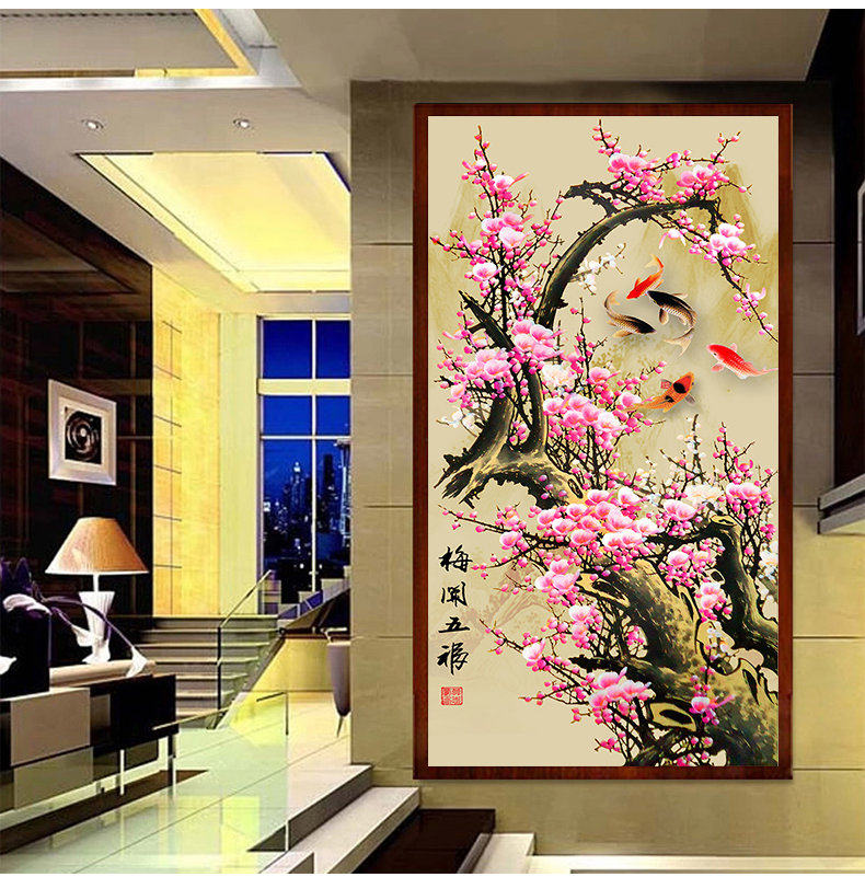 印花纯棉客厅玄关竖版十字绣