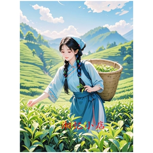 印花新款法国DMC纯棉十字绣套件客厅卧室古风美女 蓝衣采茶女