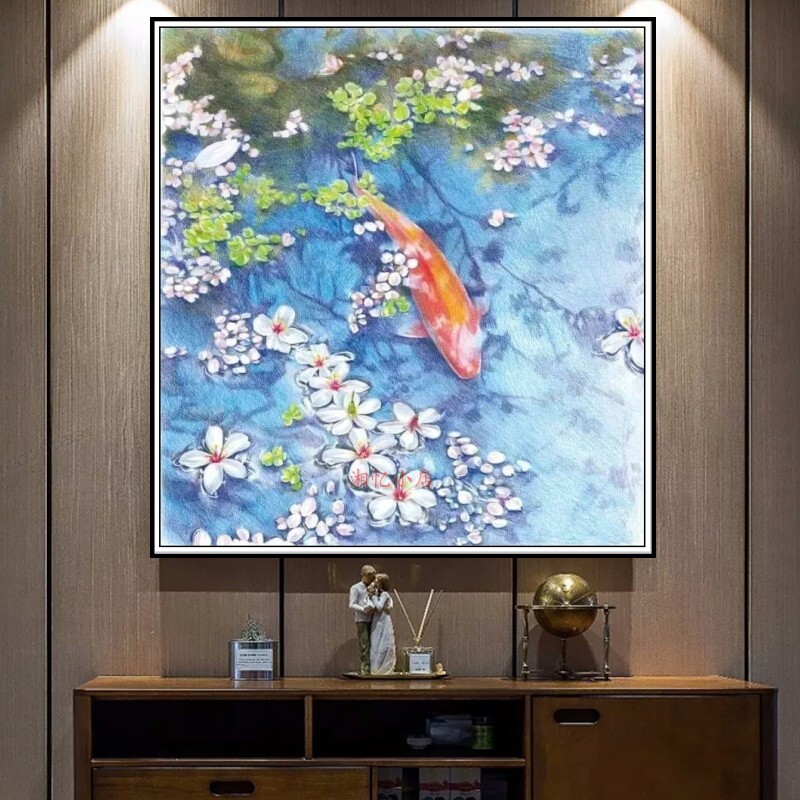 DMC十字绣新款手工客厅餐厅刺绣动物系列简约 彩铅画落英池锦鲤