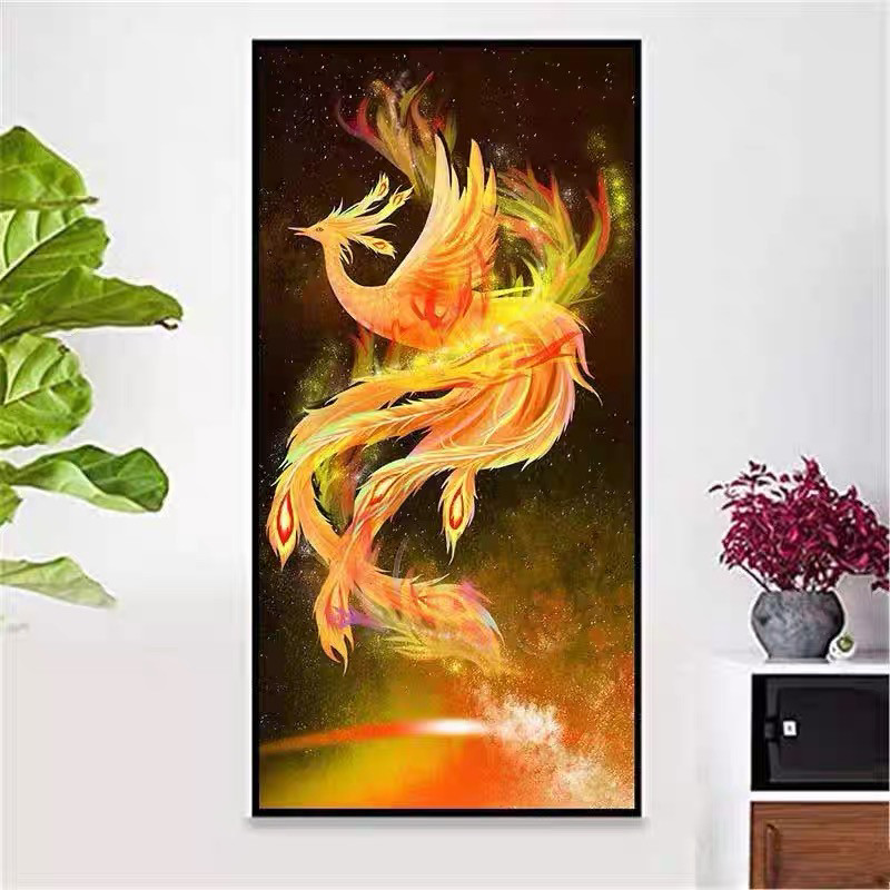 印花DMC十字绣套件自己绣客厅餐厅玄关竖版中式动物挂画火凤凰