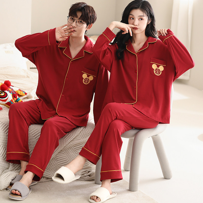 신혼 여성 잠옷 웨딩 커플 세트 순면 봄 가을 남성 붉은 띠 긴팔 겨울 가정복