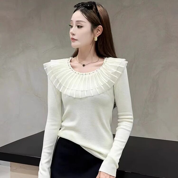 现货欧货正品LY女装2025秋冬8113新品圆领修身网纱拼接小众毛衣