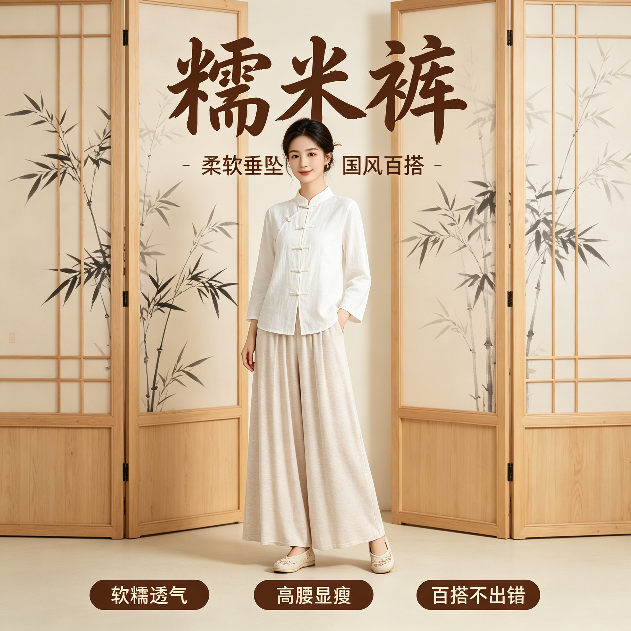 春秋小个子高腰垂坠糯米阔腿裤