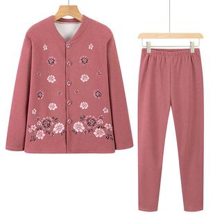 2024新中老年保暖衣加绒加厚开衫女奶奶冬装妈妈开襟太太秋衣秋裤