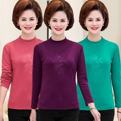 长袖t恤纯棉中老年妈妈秋装中领