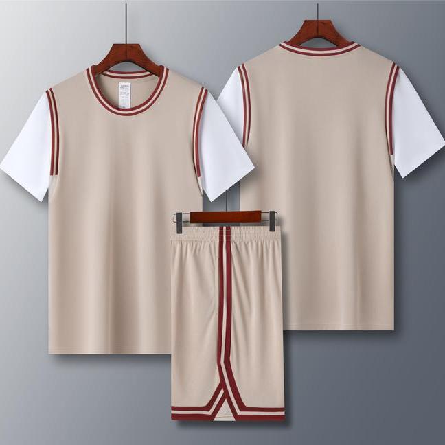 美式假两件短袖背心篮球服套装有袖比赛大学生训练队服男女同款白