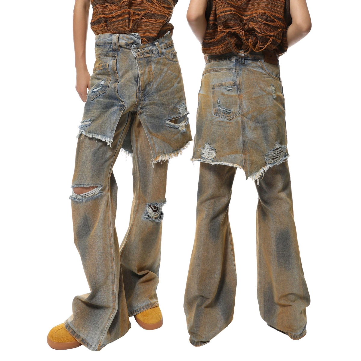 废土风做旧做脏拼接假两件裙摆牛仔裤破坏破洞微喇乞丐2025春夏潮