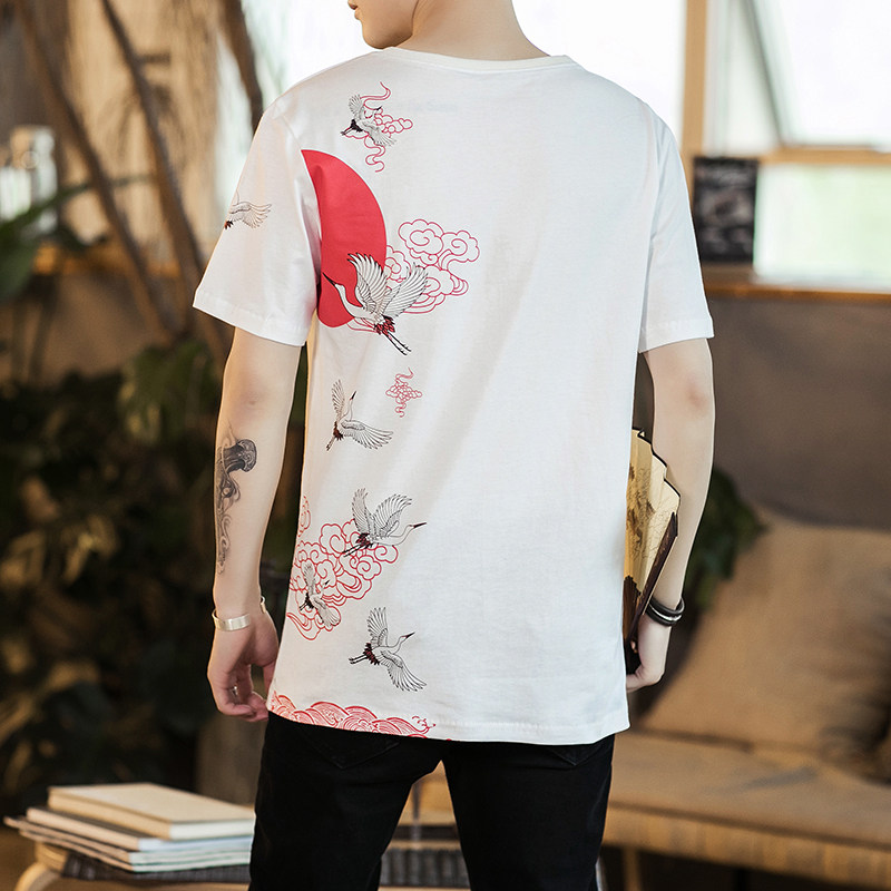 常年款现货春夏季风仙鹤前刺绣后印花T恤短袖上衣B370-T18P35,男装T恤,电商B370-A