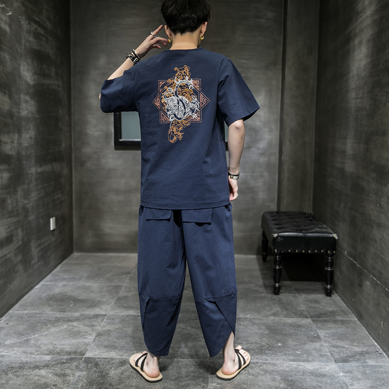 常年款春夏秋季风刺绣套装棉麻T恤短袖七分裤B370-TZ42P50，男装休闲套装，电商B370-A
