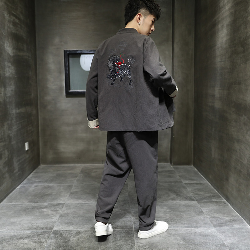 常年款春夏秋风棉麻仙鹤麒麟刺绣大码上衣套装b370-TZ80P70,男装休闲套装,电商B370-A