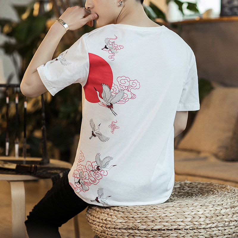 常年款现货春夏季风仙鹤前刺绣后印花T恤短袖上衣B370-T18P35,男装T恤,电商B370-A