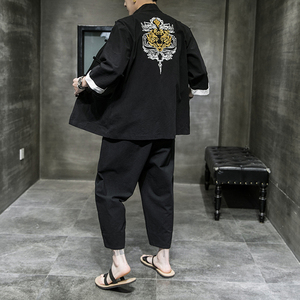 常年春夏秋款风刺绣套装棉麻T恤短袖七分裤B370-TZ43P60图片