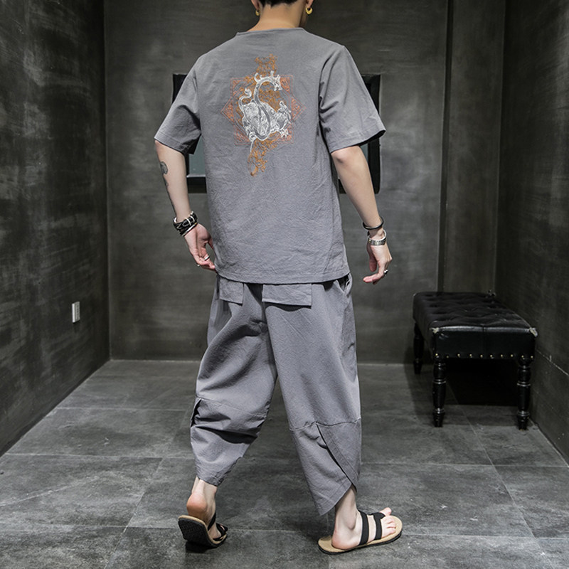 常年款春夏秋季风刺绣套装棉麻T恤短袖七分裤B370-TZ42P50,男装牛仔裤,电商B370-A