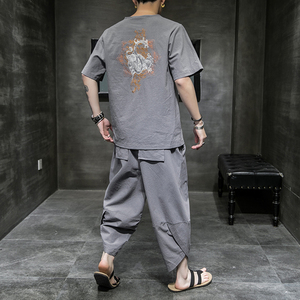 常年款春夏秋季风刺绣套装棉麻T恤短袖七分裤B370-TZ42P50图片