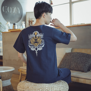 常年款春夏秋季风刺绣套装棉麻T恤短袖七分裤B370-TZ41P50图片
