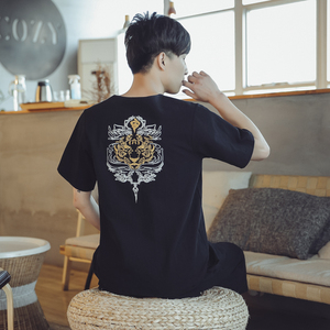 常年款春夏秋季风刺绣套装棉麻T恤短袖七分裤B370-TZ41P50图片