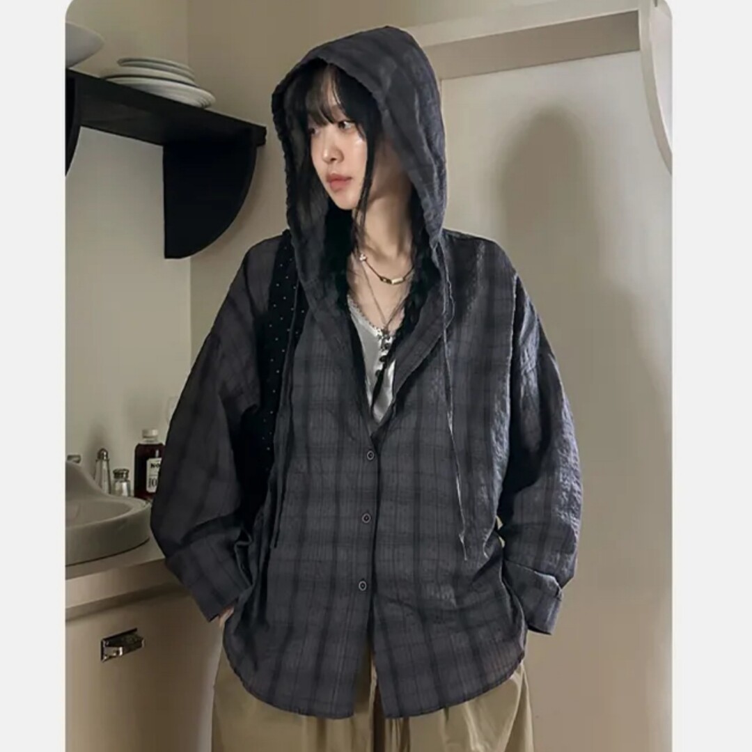 韩版春秋连帽格子衬衫休闲学院风宽松上衣时尚经典防晒衣女外套潮
