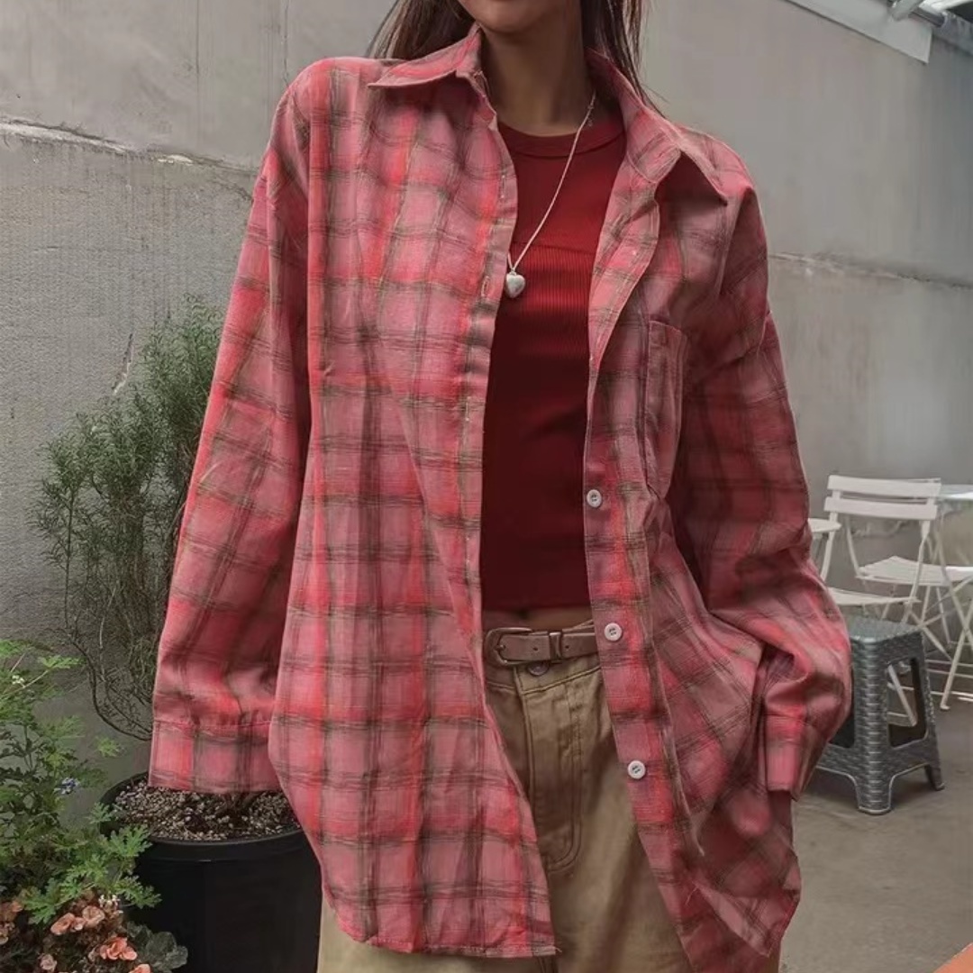 韩版春夏粉色经典格子衬衫原宿风宽松oversize长袖复古外套女衬衣