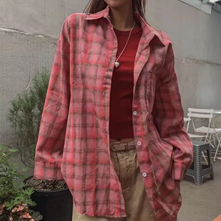 韩版春夏粉色经典格子衬衫原宿风宽松oversize长袖复古外套女衬衣